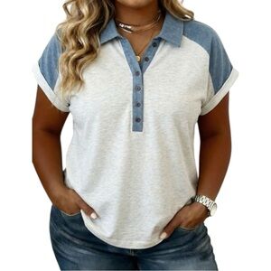 5242. Women's Casual Blue and White Polo Top